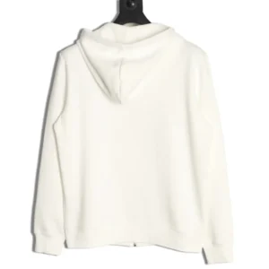 White hoodie with a hood, showcasing a clean back design, featured on an e-commerce page for the Burberry Plaid Warhorse hoodie.