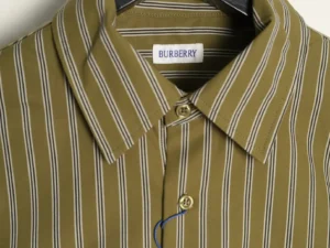 Burberry striped shirt olive green white black cotton button-up collar design