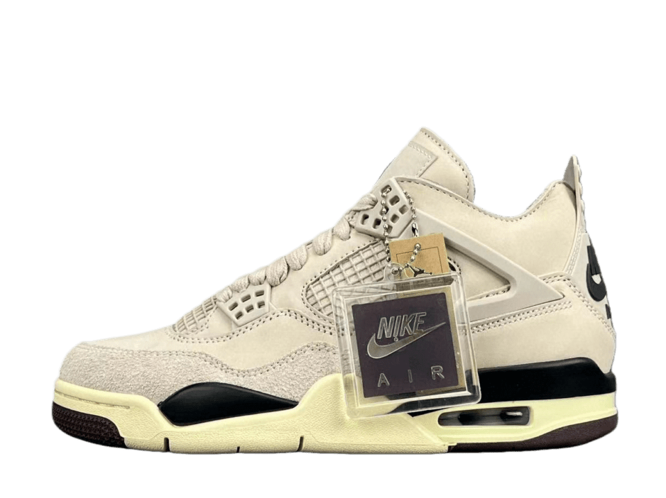 Nike Air Jordan 4 sneaker in light beige with suede and mesh detailing, featuring a hang tag, positioned against a transparent background, highlighting its design and branding.