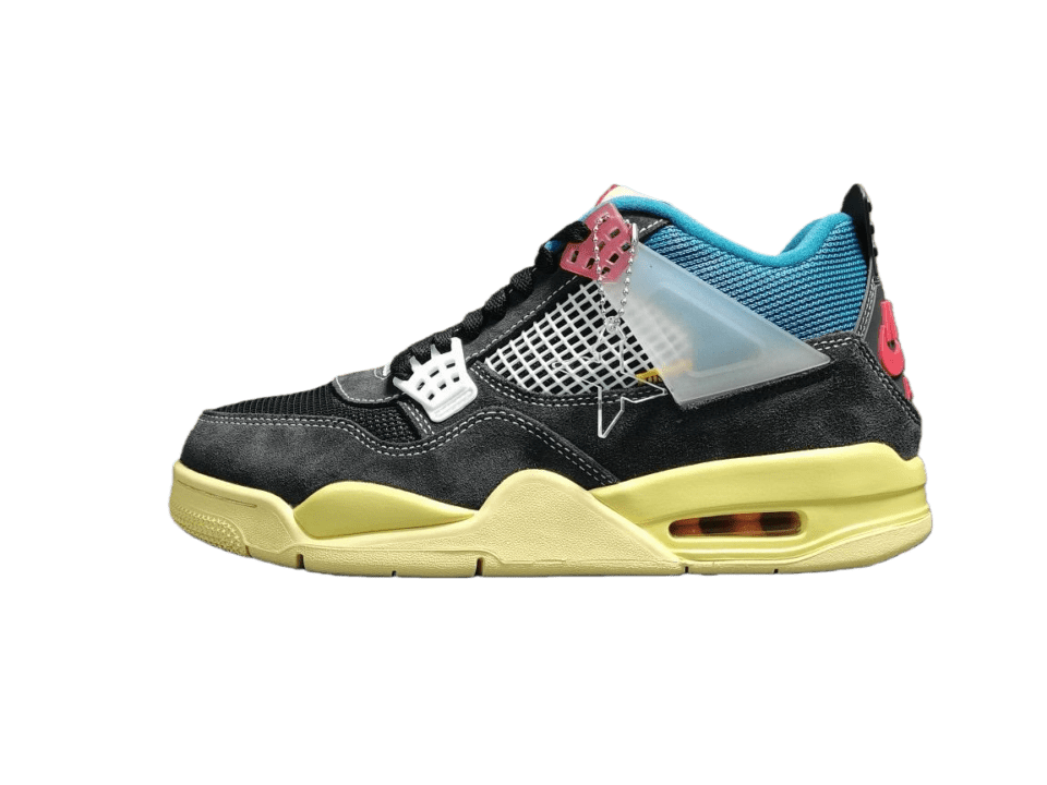 Jordan 4 Retro Travis Scott Cactus Jack sneaker featuring a black and yellow colorway, mesh detailing, and a vibrant blue collar, displayed on a transparent background.