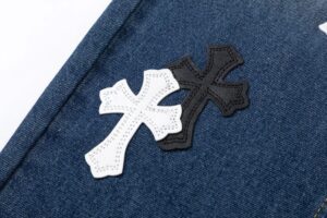 Chrome Hearts cross patches white and black leather on blue denim fabric