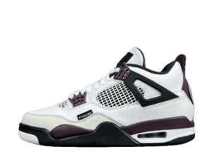 Air Jordan 4 Retro PSG sneakers featuring a white upper with black and maroon accents, showcasing the iconic design and branding associated with the Jordan Brand and Paris Saint-Germain collaboration.