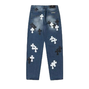 CHROME HEARTS white and black cross patch jeans, denim style, featuring multiple cross designs on a blue background.