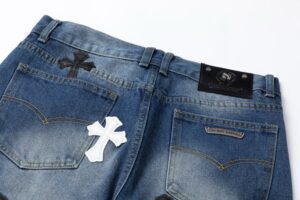 Chrome Hearts denim jeans blue cotton with black and white cross patches and leather brand label