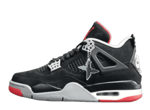 Nike Air Jordan 4 Retro Black Red White nubuck sneakers with signature hang tag and mesh panels