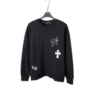 Black sweatshirt featuring Chrome Hearts cross patches, displayed on a hanger, representing the Chrome Hearts Cross Patch Sweatshirt available for .00.