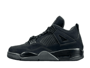 Nike Air Jordan 4 Retro black stealth nubuck sneakers with mesh panels and rubber sole