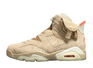 Air Jordan 6 Retro Travis Scott British Khaki sneaker in tan suede with red accents and unique design features.