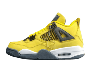Nike Air Jordan 4 Retro Lightning yellow black white leather sneakers with mesh panels and visible air unit