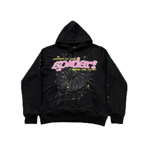 Sp5der Pink V2 Hoodie in black featuring colorful spider web design and bold "spider!" text, part of RepsGoat's trendy apparel collection.