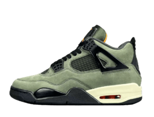 UNDEFEATED x Jordan Air Jordan 4 sneakers in olive green, featuring black accents and visible Air cushioning, showcasing a stylish silhouette for versatile wear.