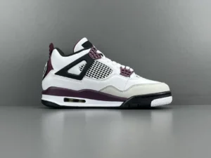 Air Jordan 4 Retro PSG sneakers in white, black, and maroon colorway, showcasing design details and iconic silhouette.