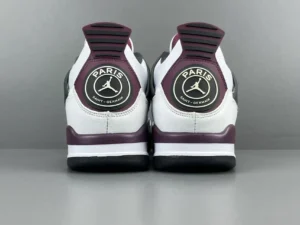 Air Jordan 4 Retro PSG sneakers featuring Paris Saint-Germain branding on the heel, showcasing a stylish black, white, and maroon color scheme.