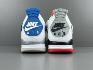 Nike Air Jordan 4 Retro sneakers white cement blue grey leather with speckled accents and red outsole