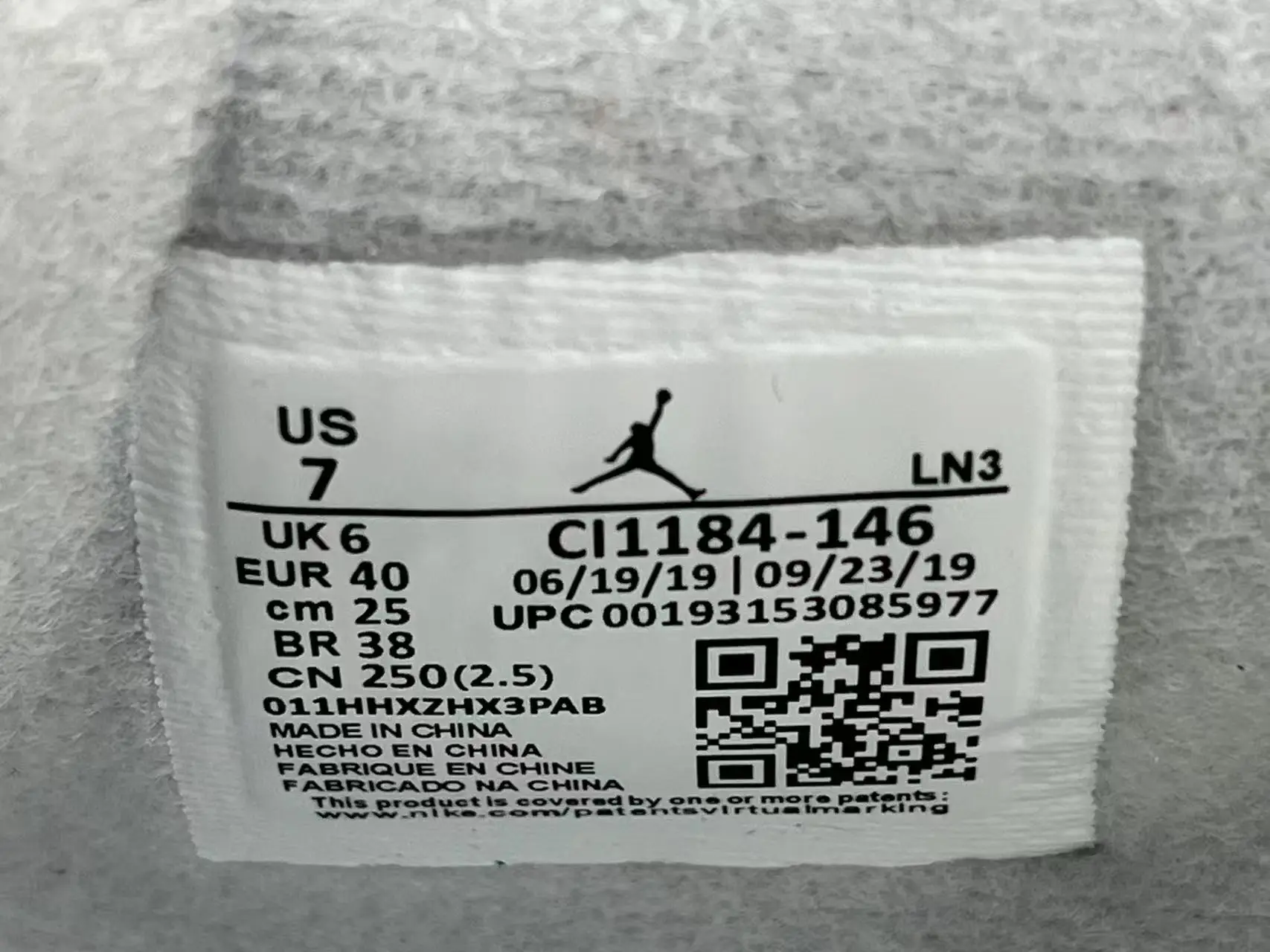 Nike Air Jordan 1 Low LN3 CI1184-146 white synthetic sneakers with size US 7 label inside