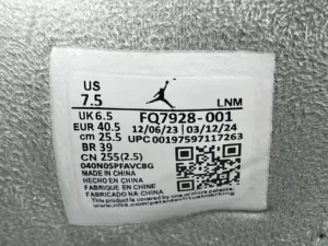 Nike Air Jordan 1 Low FQ7928-001 black colorway textile sneakers label size 7.5 US made in China