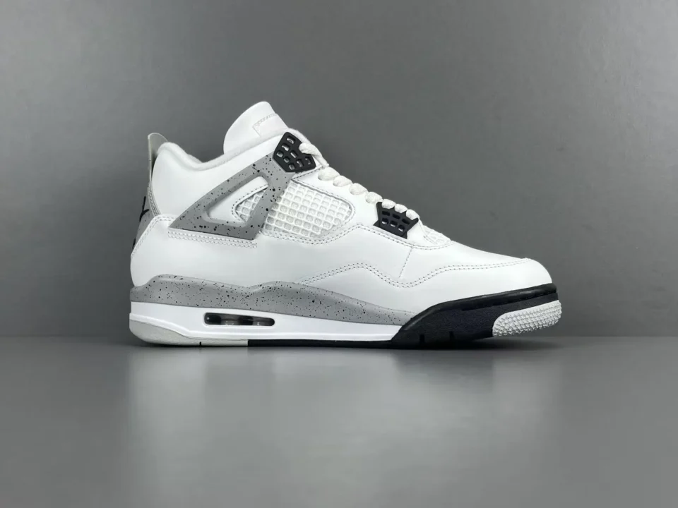 Nike Air Jordan 4 Retro white cement grey black leather sneakers with speckled midsole