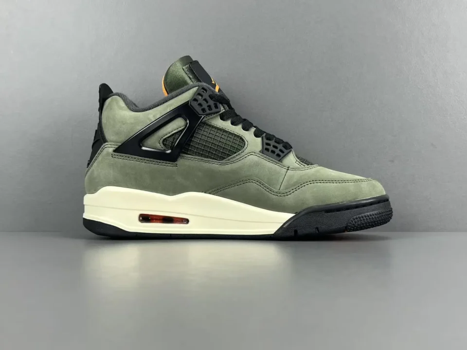 Nike Air Jordan 4 Retro Military Black green suede sneakers with black plastic accents and white sole