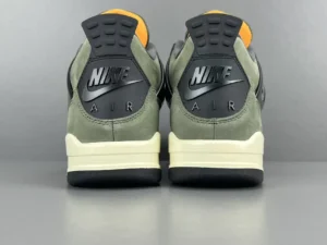 Nike Air Jordan 4 sneakers in olive green and black, featuring the iconic Nike Air logo on the heel, showcasing a stylish and modern design.