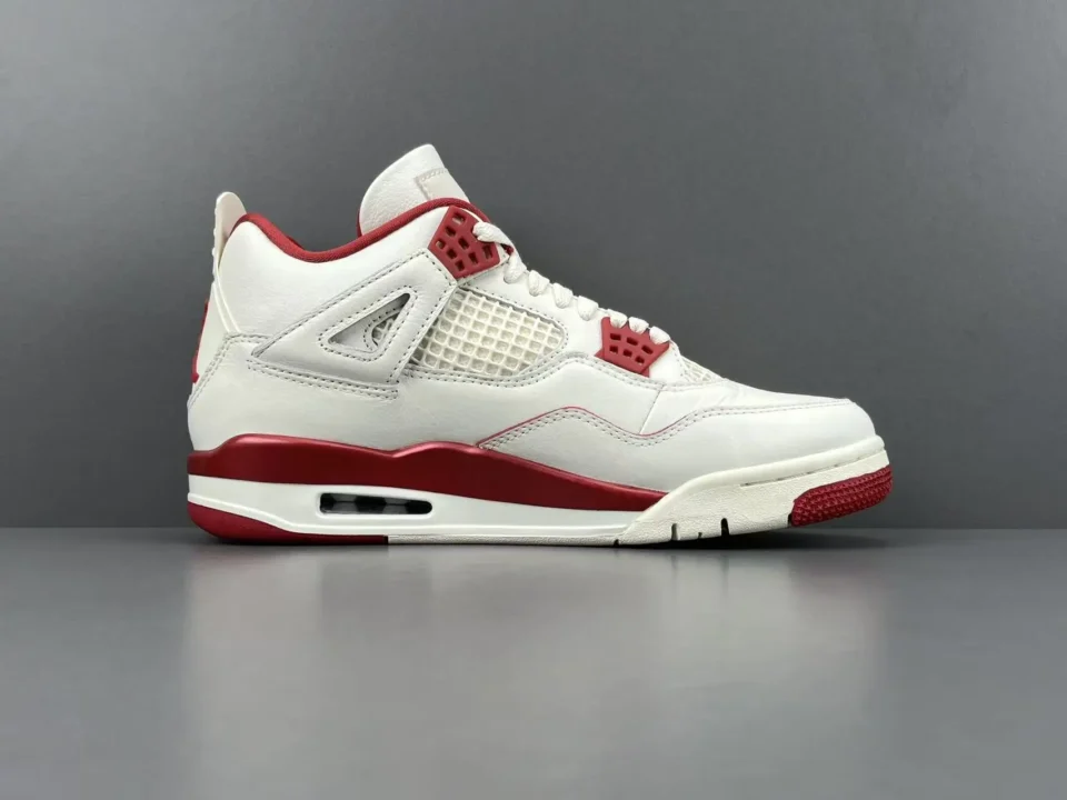 Nike Air Jordan 4 Fire Red white red leather sneakers with mesh side panels and visible air sole unit
