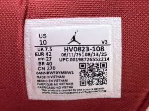 Jordan sneakers HV0823-108 red fabric US size 10 made in Vietnam with barcode and QR code details
