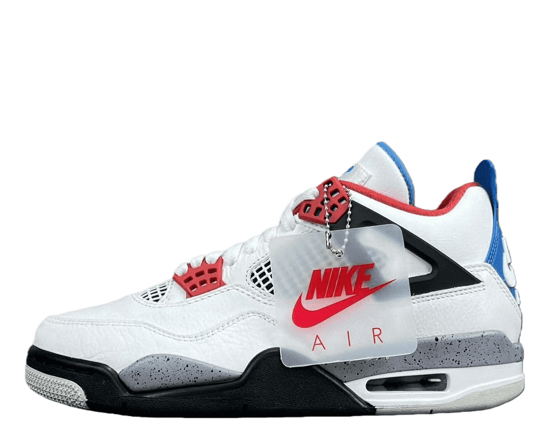 Nike Air Jordan 4 OG Fire Red white red blue leather sneakers with black accents and grey speckled midsole