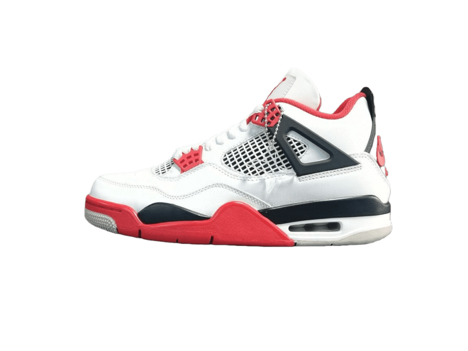 Jordan 4 Retro Fire Red sneaker featuring a white, red, and black colorway, showcasing iconic design elements and detailing.