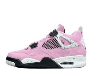 Nike Air Jordan 4 Retro Pink Suede sneakers with black and white speckled midsole mesh panels