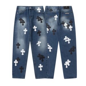 Repsgoat denim jeans blue fabric black and white cross patches relaxed fit pants