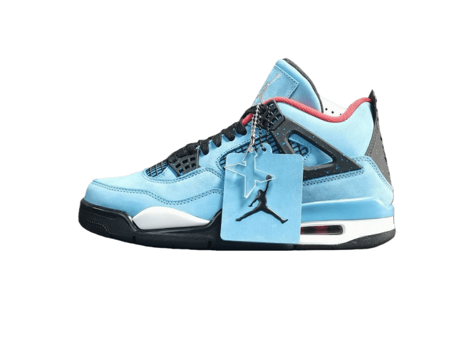 Jordan 4 Retro Travis Scott Cactus Jack sneaker in blue and gray, featuring distinctive design elements and a Jordan logo tag, showcased on RepsGoat's sneaker product page.
