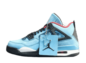 Ice Blue Travis Scott Cactus Jack x Air Jordan 4 sneakers featuring a blue suede upper, black accents, and a Jordan logo hangtag.