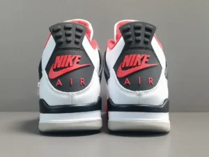 Nike Air Jordan 4 Retro fire red white black leather sneakers rear view with red Nike Air branding