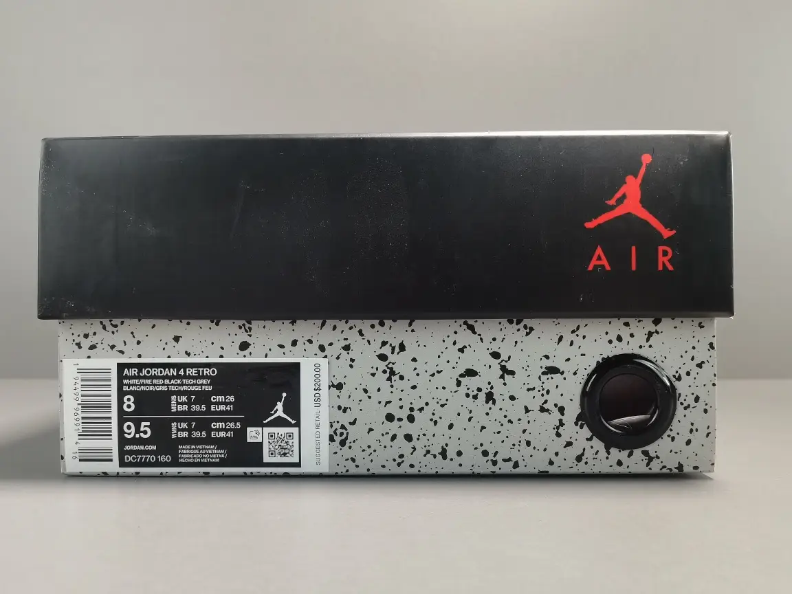 Nike Air Jordan 4 Retro white fire red black tech grey leather sneakers model DC7770 160