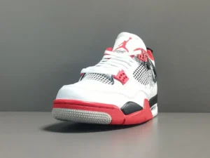Nike Air Jordan 4 Retro white red black leather mesh sneakers with lace locks and Air sole cushioning