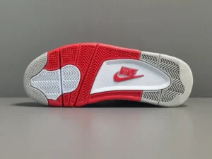 Nike Air Jordan 4 Retro Fire Red white black leather sneakers outsole view with red Nike logo