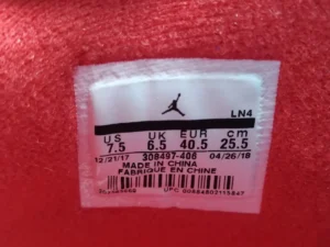 Label tag for Jordan 4 Retro Travis Scott Cactus Jack sneakers showing size details, including US, UK, and EU measurements, with the iconic Jumpman logo.