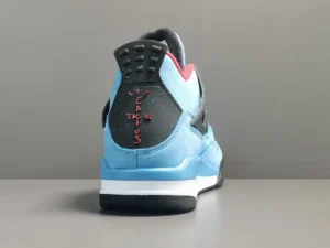 Jordan 4 Retro Travis Scott Cactus Jack sneaker in Ice Blue, featuring black and red accents, with 'Cactus Jack' branding on the heel.