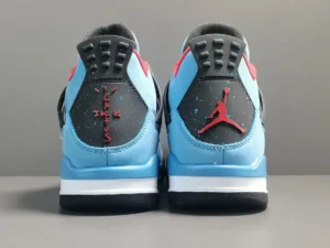 Jordan 4 Retro Travis Scott Cactus Jack sneakers, featuring Ice Blue colorway, prominent red accents, and iconic Jumpman logo on the heel.