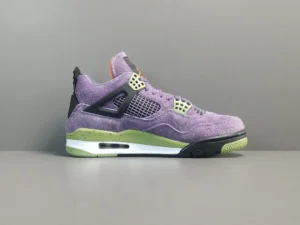 Air Jordan 4 Retro Canyon Purple sneaker showcasing a purple suede upper, black accents, and lime green detailing, emphasizing its unique design and style.
