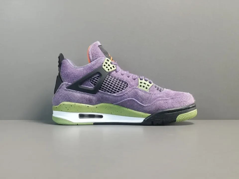 Nike Air Jordan 4 Retro Lavender Mist purple suede sneakers with olive green midsole and black accents