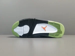 Air Jordan 4 Retro Canyon Purple sneaker sole featuring black, white, and vibrant green accents, with iconic Jumpman logo.