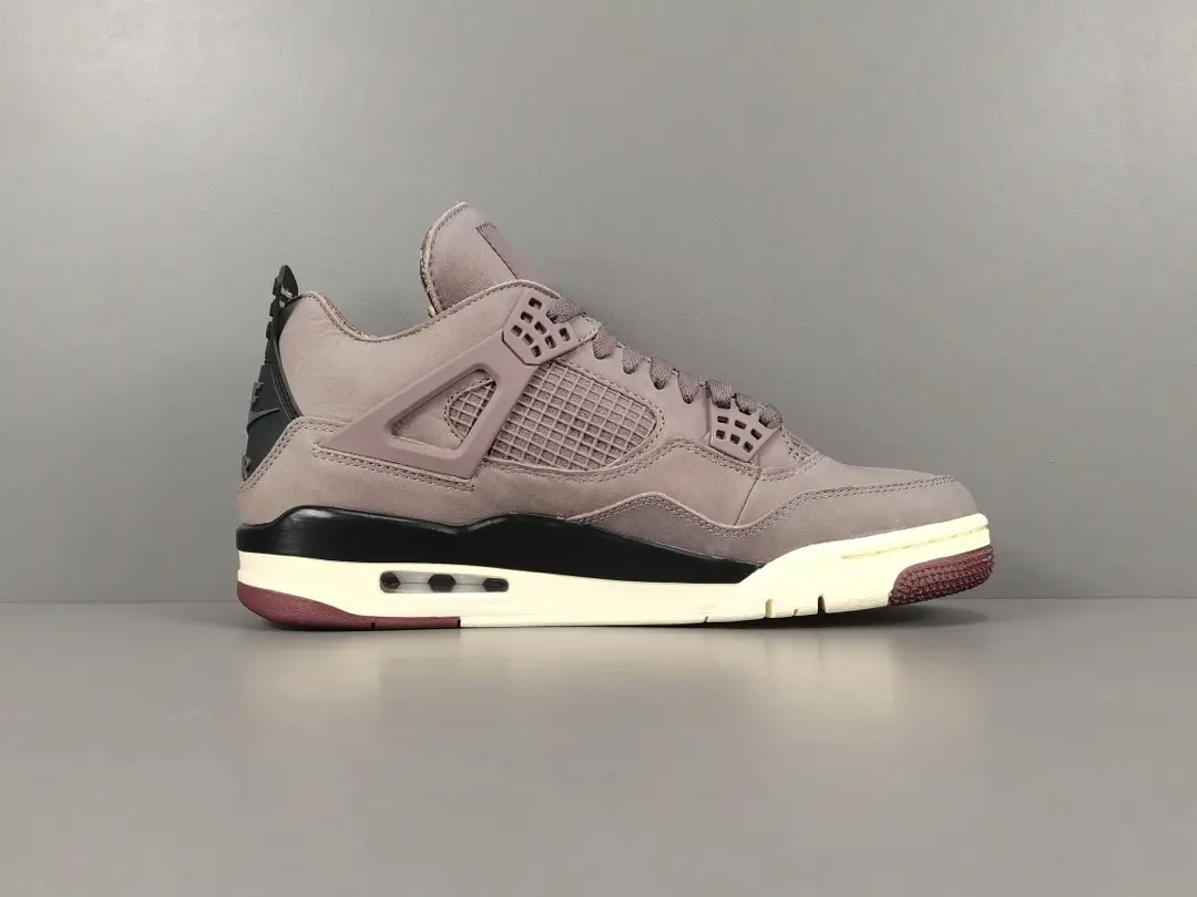 Jordan 4 Retro SP A Ma Maniére Violet Ore sneaker in grey suede with black and maroon accents, showcasing premium replica design.