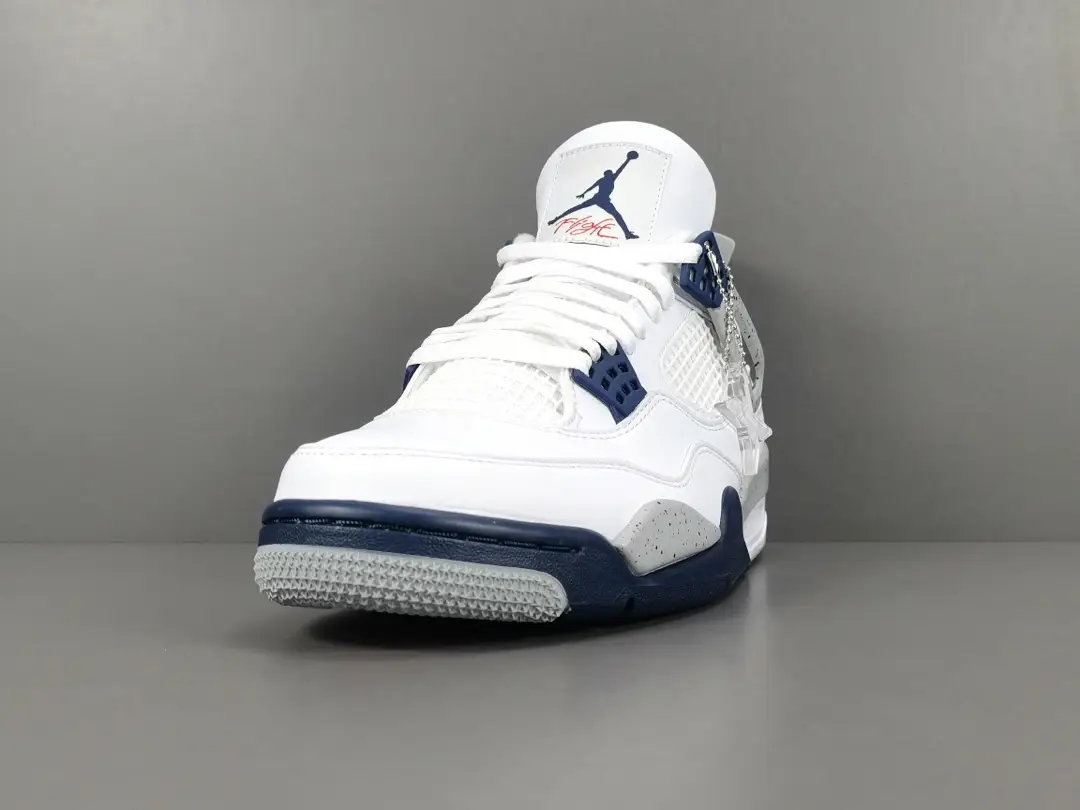 Nike Air Jordan 4 Retro White Navy cement grey leather and mesh sneakers with clear lace tag