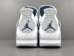 Nike Air Jordan 4 OG White Tech Grey Midnight Navy leather sneakers with speckled midsole detail