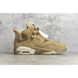 Air Jordan 6 Retro Travis Scott British Khaki sneakers in tan suede with red accents and white midsole, showcasing luxury design and style.