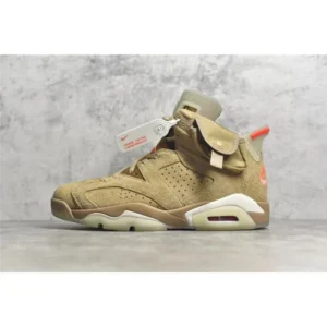 Air Jordan 6 Retro Travis Scott British Khaki sneakers, featuring a khaki suede upper, orange accents, and a unique cargo pocket design.