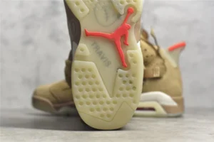 Air Jordan 6 Retro Travis Scott British Khaki sneaker sole with visible Jumpman logo and unique outsole design.