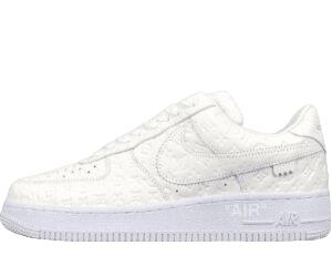Nike Air Force 1 Low co-branded with Louis Vuitton in white, featuring intricate detailing and signature logos, showcased on RepsGoat's sneaker archive page.