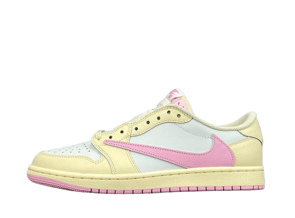 Air Jordan 1 Low sneaker in pastel yellow and pink colorway, showcasing a low-top design with iconic Nike swoosh, suitable for trendy footwear collections.