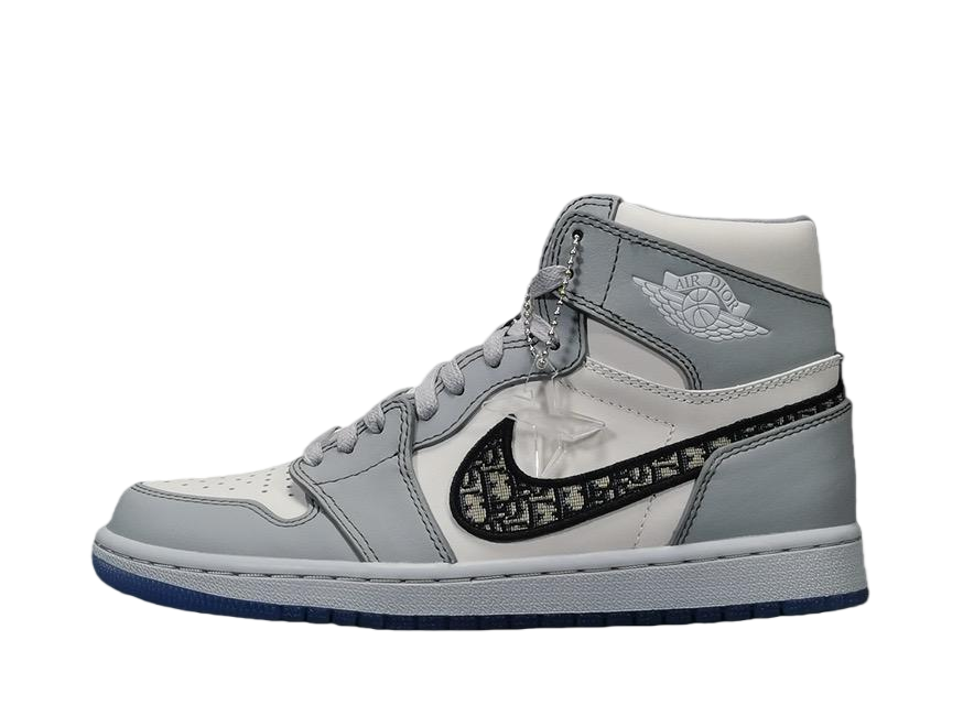 Nike Air Jordan 1 High OG Dior white and grey leather sneakers with Dior monogram swoosh and translucent star lace charm